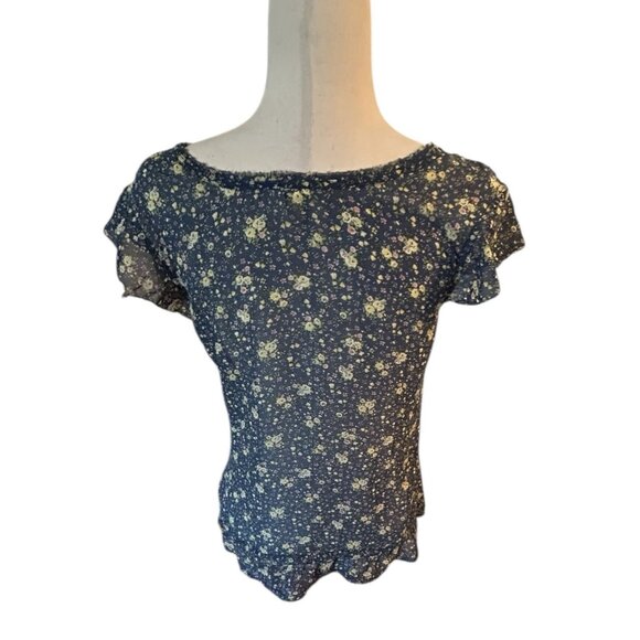 Vintage Sheer Flutter Sleeve Top Sz Large Y2K Fairy Cottage Core Bow Floral Mudd - Picture 2 of 11